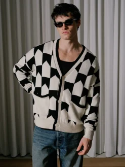 CHEVRON CHECKERED KNIT CARDIGAN
